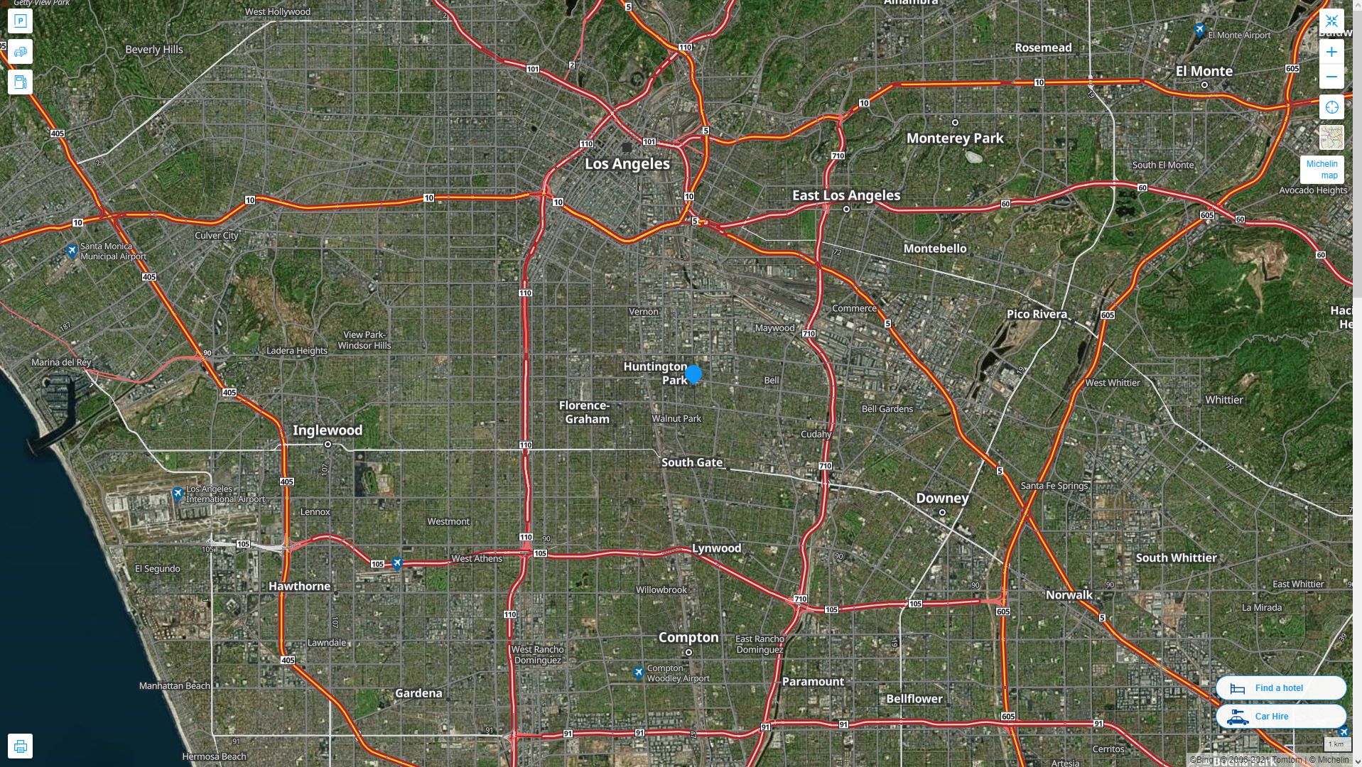 Huntington Park California Highway and Road Map with Satellite View
